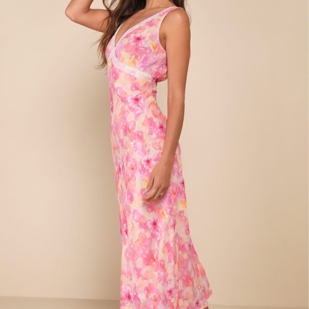 Lulus Picture-perfect Days Pink Multi Floral Lace V-neck Midi Dress - Size XL